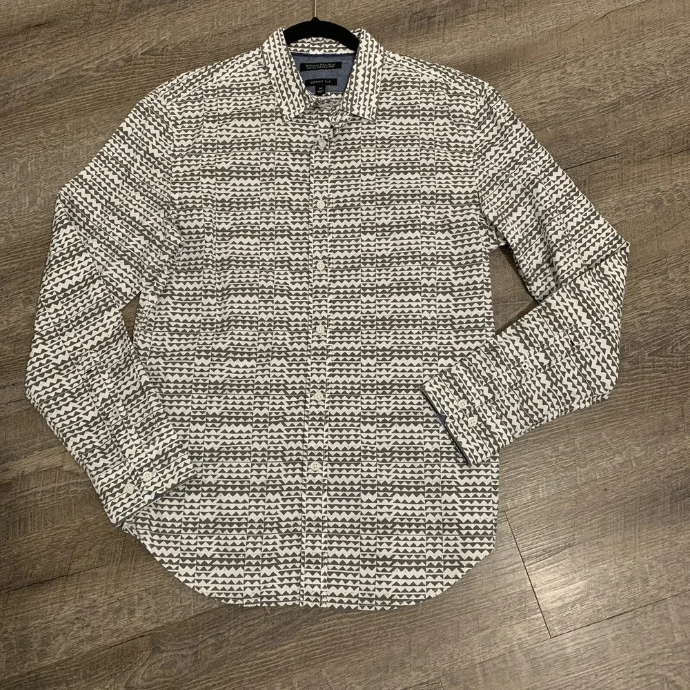 Banana Republic Shirt Mens Medium Gray White Pattern Print Button Long Sleeve